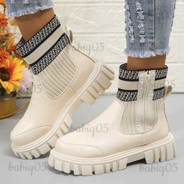 Boots Patchwork Knitted Mesh Platform Ankle Boots Women 2023 Winter Thick Bottom Chelsea Boots Woman Plus Size 42 Short Botas Mujer T231124