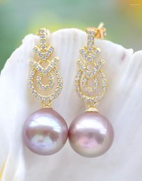 Dangle Earrings P7633 Natural 13mm Round Lavender Edison Pearl Earring CZ
