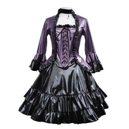 Women' Blend s Luxury Shiny PVC Leather Ruffled Court Jackets Vintage Flare Sleeve Swallow Tailed Coat Renaissance Gown Princess Costume 231123