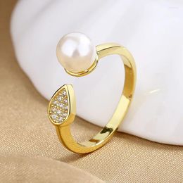 Cluster Rings OL Style Water Drop Zircon Simulated Pearl For Women Gold Silver Colour White Beads Opening Leaf Index Finger Wedding Bands