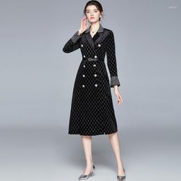 Casual Dresses Office Lady Blazer Dress Women Notched Double Breasted Velvet Elegant Autumn Long Sleeve With Belt Trench Coat