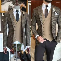 Men's Suits 3pc Brown Small Square Blazer Trousers Lattice Pattern Plaid Wedding Wear Clothing Slim Fit Outfit Jacket Pants Vest