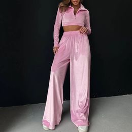 Womens Two Piece Pants OMSJ Women Casual Velvet Fabric Tracksuits Lapel Neck Zip Offwaist Crop TopHigh Elastic Waist Pocket Wide Leg Streetwear 231123