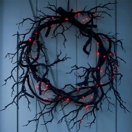 Faux Floral Greenery Halloween Wreath Artificial Black Branch Wreaths With Red LED Light 42CM Wreaths For Doors Flower Garland Halloween Decoration 231123