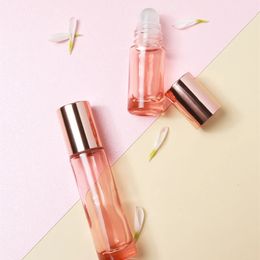 Perfume Bottle 10pcs lot 5ml 10ml Pink Essential Oil Roller Bottles Glass Roll On Rose Gold Cap Travel Portable Refillable 231123
