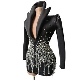 Urban Sexy Dresses Glitter Pearl Silver Crystals Deep V-neck Women Slim Suits Nightclub Drag Queen Costumes Celebrate Birthday Party Short Dress 231123