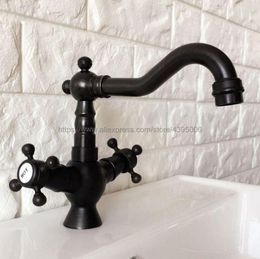 Bathroom Sink Faucets Basin Black Mixer Deck Mounted Double Handle Single Hole Faucet Brass And Cold Tap Bnf362