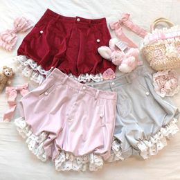 Women's Shorts Pink Kawaii Lolita Velvet Women Japanese Harajuku Y2k High Waist Ruffles Lace Short Pant Girls Korean Style Sweet Clothes