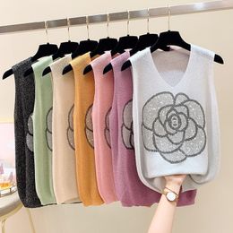 Camisoles Tanks Drilling Ice Silk Camisole for Womens Summer Knitting Bright Backing Loose Cami Casual Cute Tops Women 230424