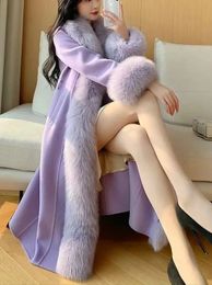 Women's Wool Blends Winter Women Elegant Solid Real Fur Collar Woollen Coats Lady Thick Warm Pink Purple Fashion plus size Long Coats Belt 231123