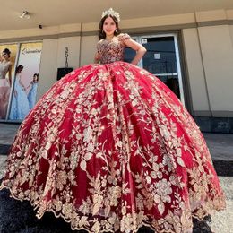 Red Glitter Sequined Ball Gown Quinceanera Dresses Off The Shoulder Gold Applique Lace Corset Vestidos De 15 Annos
