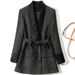 2024 Spring Black Contrast Colour Panelled Tweed Blazers Long Sleeve Lapel Neck Belted Classic Outwear Coats Y3O282368
