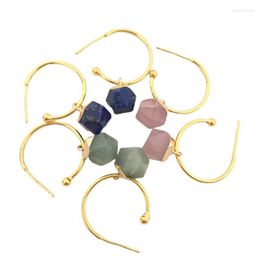 Hoop Earrings C Shape Wire Octahedral Quartz Stone Dangle For Women Healing Chakra Crystal Goldtone Colour French Style