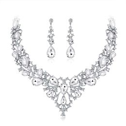 Silver Color Crystal Bridal Jewelry Sets Water Drop Choker Necklace Earrings Set Wedding Ornament for Women Pageant Party