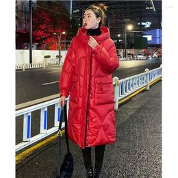 Women's Down Hooded Cotton Padded Jacket Winter 2023 Middle Long Knee Over Parka Coat Korean Fashion Bright Face Outwear