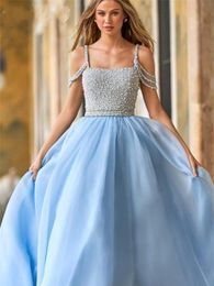 Luxurious Sky Blue Prom Party Dress 2024 Spaghetti Strap Beaded Pearls A-line Tulle Formal Evening Gowns Custom Made Robe De Soiree Vestidos De Noche