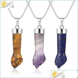 Pendant Necklaces Pendant Necklaces Design Natural Stone Pendants Carved Fist Arm Purple Crystal Quartz Tiger Eye Lapis Reiki Jewelry Dh31C