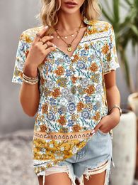 Women's Blouses KHALEE YOSE Boho Floral Printed Vintage Blouse Shirt Bohemian V-neck Tie Lace Up Summer Women Casual Holiday Ladies Tops