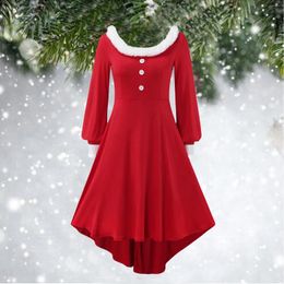 Casual Dresses Women Christmas Dress Faux Plush Panel Long Sleeve Warm Round Collar Soft Asymmetrical Party Elegant Winter