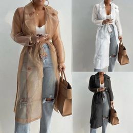 Women s Trench Coats Fashion Women Mesh Jacket Puff Sleeve Sunscreen Shirt Lace Up Summer Thin Coat 231123