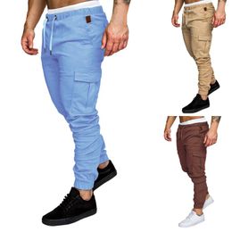 Men's Pants Cargo Solid Colour Multi Pocket Casual Four Seasons Drawstring Elastic Waist Trousers Plus Size Slim Leggings