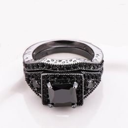 Wedding Rings Fashion Square Cut Black Gold Color Ring Sets Princess Cubic Zirconia For Women & Men Full Size Wholesale