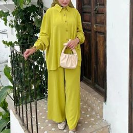 Ethnic Clothing Women Eid Muslim Sets Two Pieces Solid Ensemble Kaftan Single Breasted Button Blouses Casual Wide Leg Pants Morocco Ramadan