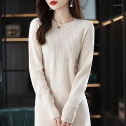 Casual Dresses Tailor Sheep Pullover Women's Pure Wool Dress Solid Color Knitted Long Sleeve Slim Sweater Round Neck