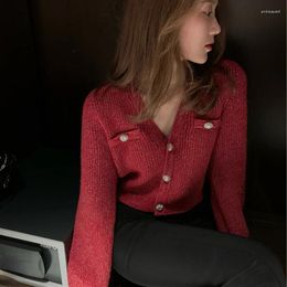 Women's Knits 2023 Spring Fall Women V Neck Rhinestone Buttons Beige Black Red Knitted Cardigan Sweater Woman Slim Short Knitting Sweaters