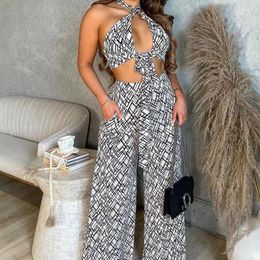 Women's Two Piece Pants Wepbel Sexy Cross Halter Tube Top Women Beach Wear Hollow-out Wide-Leg 2 Sets Trousers V-neck Tops