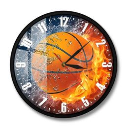 Sport Gift For Sportsmen Home Decor Boys Bedroom Frameless Wall Clock Half In Water Fire Basketball Silent Clocks230b