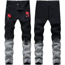 Men's Jeans Hip Hop Men's Fashion Rose Flower Embroidery Ripped Slim Tie And Dye Gradient Color Holes Denim Pants Mens