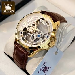 Other Watches OLEVS Luxury Men Automatic Mechanical Wristwatch Skeleton Design Waterproof Leather Strap Male Watch Reloj Hombre 231123