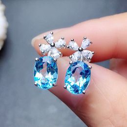 S3621 White Gold Plated Sea Blue Zircon Flower Stud Earrings For Women Elegant Earrings