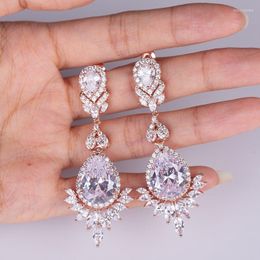 Dangle Earrings RAKOL Luxury Cubic Zircon Rose Gold Colour Water Drop Crystal Big Long For Women Brides Wedding Jewellery RE021