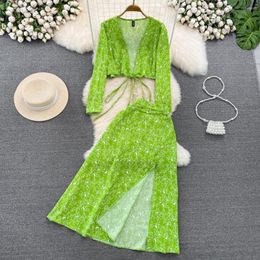 Work Dresses Green Dress Sets 2 Pieces Women Deep V Cardigan Tops And Skirts Suit Holiday Style Summer Fashion High Waist Skirt Matching