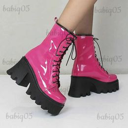 Boots Platform Square High Heel Women Ankle Boots Patent PU Leather Ladies Motorcycle Boots Cross Tied Square Toe Women's Boots Black T231124