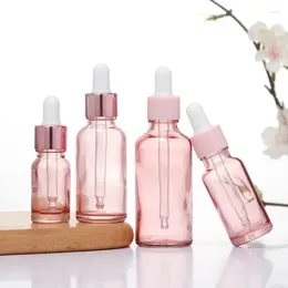 Storage Bottles Dropper Refillable 5-100ML Rose Lid Cosmetic Container Pink Glass Liquid For Essential Pipette