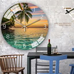 Wall Clocks Nordic Light Luxury Clock Palm Tree Sea Living Room Bedroom Creative Fashion Decoration Mute Simple Glass Dial 30cmWal8412095