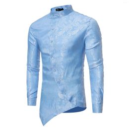 Men's Casual Shirts Paisley Shirt Men Blue Irregular Oblique Hem Social Mens Vintage Causal Stand Collar Slim Long Sleeve Chemise Homme