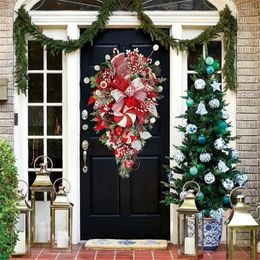 Decorative Flowers Sweet Christmas Wreath Garland Candy Cane Bow Ornament Xmas Front Door Hanging Wall Home Decor Decoration Rattan