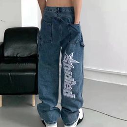 Men's Jeans Retro Pockets Letter Embroidery Ripped Casual Men and Women Straight Harajuku Oversize Streetwear Denim Trousers 231123