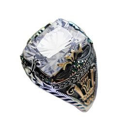 Handmade Turkish Signet Rings for Men Ancient Silver Colour Carved Ring Mystic Zircon Inlay Punk