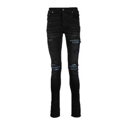 Designer Clothing Denim Pants Amiiri Trendy Brand Old Black Torn Hole Patchwork Leather High Street Slp Slim Fitting Small Leg Jeans Men's Long Pants
