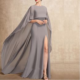 Grey Mermaid Evening Dresses with Cape Side Split Chiffon Formal Prom Gown Long Tail Layered Mother's Dress for Special Occasion