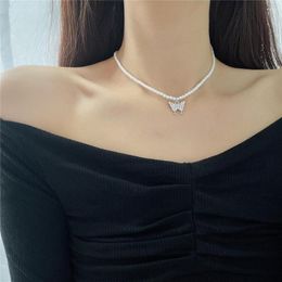 Chains Japan And South Korea Ins Wind Imitation Pearl Full Rhinestone Butterfly Pendant Clavicle Chain Necklace Female Luxury