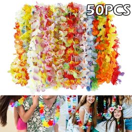 Faux Floral Greenery 50Pcs Hawaiian Flower Wreath Necklace Fancy Dress Decor Hawaii Beach Party Artificial Flowers Door Decoration Christmas Garland 231123