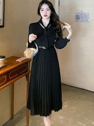 Casual Dresses 2023 Black Pleated Patchwork Chic Bow Collar Midi Dress Autumn Winter Korean Vintage Hepburn Women Elegant Festival