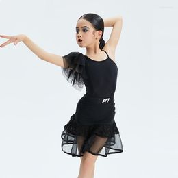 Stage Wear Black Latin Dance Costume Girls Single Sleeve Bodysuit Skirt ChaCha Practise Kids Rumba Samba Competition Outfit VDB6658