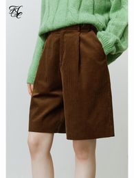 Women's Shorts FSLE Corduroy Capris Autumn Winter Retro High Waist Casual Pants Straight Shorts Solid Women 100% Cotton Casual Brown Shorts 230424